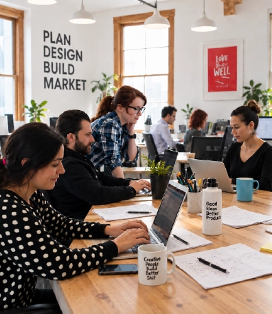 The Imigital team planning and building client projects together at a shared desk