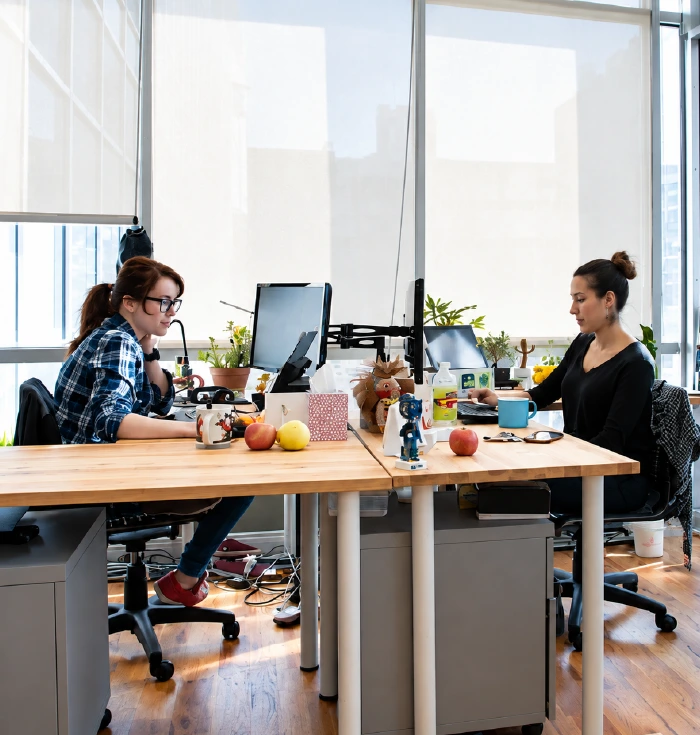 Two Imigital team members working side by side in a sunlit office